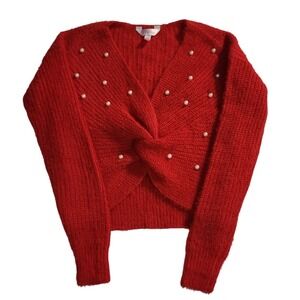NoBoundaries Knitted Twist Sweater Pearl Embellished Red Cropped Pullover Size S